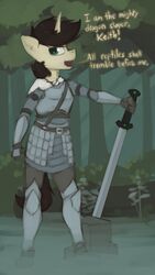  2018 anthro armor detailed_background dialogue english_text equid equine fan_character hasbro hi_res holding_melee_weapon holding_object holding_sword holding_weapon horn knight male mammal marsminer melee_weapon my_little_pony mythological_creature mythological_equine mythology outside plant pone_keith pose solo sword text tree unicorn warrior weapon 