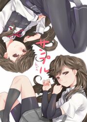  ajino_(sakanahen) arashio_(kancolle) arm_warmers bad_id bad_twitter_id belt bike_shorts black_socks brown_hair buttons commentary_request female kantai_collection long_hair multiple_views red_eyes remodel_(kantai_collection) skirt socks suspender_skirt suspenders translated 