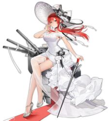  azur_lane bare_legs bonnet bow braid breasts bridal_gauntlets crossed_legs dress earrings female fingerless_gloves full_body gloves hair_between_eyes hair_ribbon halterneck hat hat_bow high_heels jewelry large_breasts liduke long_hair low_ponytail monarch_(azur_lane) monarch_(white_warrick)_(azur_lane) official_alternate_costume official_art parted_lips red_hair ribbon sidelocks sitting solo sun_hat thighlet transparent_background white_dress white_gloves wrist_ribbon 