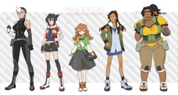  1boy 4girls adapted_costume black_hair brown_hair commentary_request crossdressing genderswap_(ftm) genderswap_(mtf) glasses headband hunk_(voltron) keith_(voltron) lance_(voltron) long_skirt looking_at_viewer midriff multiple_girls navel otoko_no_ko pidge_gunderson plump ponzu_(beetle_burner) rule_63 scar skirt takashi_shirogane voltron:_legendary_defender voltron_(series) 