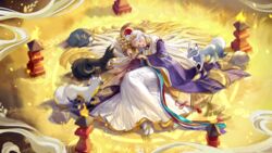  achyue bell commentary female fox gradient_hair hair_spread_out highres inari_miketsu_(onmyoji) japanese_clothes jingle_bell kagura_suzu lips long_hair lying miketsu_(onmyoji) miko mole mole_under_mouth multicolored_hair on_ground on_side onmyoji onmyouji sleeping solo stone_lantern 