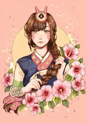  artist_name bad_id bad_twitter_id braid brown_eyes brown_hair clivenzu d.va_(overwatch) facial_mark female flower hair_over_shoulder hanbok holding holding_own_hair honeycomb_(pattern) korean_clothes long_hair overwatch overwatch_1 palanquin_d.va pink_background pink_flower rose_of_sharon single_braid solo 