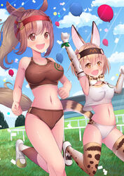  2girls :d animal_ears armpits balloon blush bow bowtie breasts bridle brown_eyes brown_hair brown_legwear brown_sports_bra buruma cheetah_print chestnut_thoroughbred_(kemono_friends) cloud collarbone commentary_request elbow_gloves gloves grass horse_ears horse_girl horse_tail japan_racing_association kemono_friends kneehighs large_breasts logo medium_hair midriff multicolored_hair multiple_girls navel oerba_yun_fang open_mouth orange_bow orange_bowtie orange_hair orange_legwear outdoors outstretched_arm photoshop_(medium) ponytail print_bow print_bowtie print_gloves print_thighhighs running serval_(kemono_friends) short_hair single_vertical_stripe sky smile socks sports_bra sportswear tail thighhighs track_uniform two-tone_bowtie two-tone_hair white_bow white_bowtie white_gloves white_hair yoshiheihe 