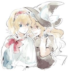  2girls alice_margatroid asakura_noi blonde_hair blue_eyes braid brown_eyes capelet commentary_request hairband hat kirisame_marisa long_hair looking_at_another multiple_girls neck_ribbon ribbon shared_hat short_hair single_braid smile touhou upper_body white_background witch_hat wrist_cuffs yellow_eyes yuri 