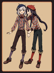  2boys ^_^ ahoge alternate_hairstyle beret black_hair bow bowtie braid closed_eyes commentary_request hand_on_another&#039;s_shoulder hat highres honebami_toushirou long_hair male_focus matsuki_(mikipingpong) multiple_boys namazuo_toushirou necktie open_mouth plaid purple_eyes shirt single_braid smile striped_clothes striped_shirt suspenders touken_ranbu white_hair 