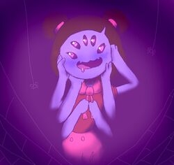  arachnid arthropod black_hair blush bodily_fluids clothed clothing dress drooling female hair heart_eyes heart_symbol humanoid looking_at_viewer muffet multi_arm multi_eye multi_limb nekuzx open_mouth open_smile pink_tongue purple_background purple_body purple_eyes purple_skin purple_theme ribbons saliva simple_background smile solo spider tongue undertale undertale_(series) 