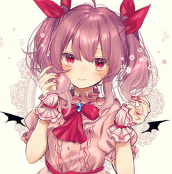  ahoge alternate_hairstyle ascot bat_wings beige_background blush brooch center_frills commentary_request dress eyelashes female frills hair_between_eyes hands_up head_tilt highres jewelry light_purple_hair looking_at_viewer nail_polish no_headwear pink_dress pink_nails pointy_ears puffy_short_sleeves puffy_sleeves red_ascot red_eyes red_sash remilia_scarlet sash short_hair short_sleeves simple_background smile solo touhou twintails upper_body wings wrist_cuffs youtan 