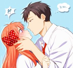  !? 1boy bad_id bad_twitter_id blush bow eye_contact female gekkan_shoujo_nozaki-kun hairbow hands_on_another&#039;s_face korean_text looking_at_another mery_(yangmalgage) nervous nozaki_umetarou polka_dot polka_dot_bow sakura_chiyo translated 