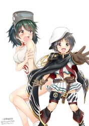  2girls absurdres armor artist_name black_hair blue_hair boots brown_eyes cape choker commentary_request cosplay costume_switch cutlass diving_mask diving_mask_on_head feet_out_of_frame foreshortening goggles goggles_on_head green_eyes green_hair hat heterochromia highres kantai_collection kiso_(kancolle) kiso_(kancolle)_(cosplay) maru-yu_(kancolle) maru-yu_(kancolle)_(cosplay) multiple_girls navel one-piece_swimsuit open_mouth parted_bangs pauldrons pleated_skirt remodel_(kantai_collection) sailor_collar sailor_hat school_swimsuit school_uniform serafuku shirt short_hair shoulder_armor simple_background skirt smile swimsuit tears thighhighs twitter_username white_background white_choker white_one-piece_swimsuit white_sailor_collar white_shirt white_skirt yaegashi_(muzzuleflash) yellow_eyes 