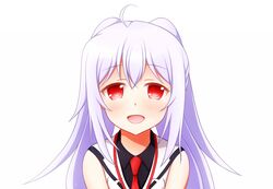  :d ahoge black_shirt bow commentary_request female hairbow isla_(plastic_memories) long_hair looking_at_viewer natsu_(927013) necktie open_mouth plastic_memories red_eyes red_necktie shirt simple_background sleeveless sleeveless_shirt smile solo twintails uniform white_background white_hair 