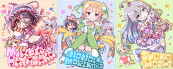  3girls 4-fingers_heart_hands :d :o \n/ ^_^ absurdres ahoge arm_warmers blonde_hair bow brown_eyes brown_hair character_name chibi claws closed_eyes commentary_request eyepatch frilled_skirt frills gloves green_legwear grey_hair hair_between_eyes hair_ornament hairbow hayasaka_mirei heart heart_hair_ornament heart_hands heart_in_heart_hands highres hoshi_syoko idolmaster idolmaster_cinderella_girls individuals_(idolmaster) komatsu_tsumako looking_at_viewer maid_headdress midriff morikubo_nono multiple_girls mushroom navel oerba_yun_fang open_mouth purple_legwear red_skirt skirt smile teeth thighhighs thighs wavy_mouth zettai_ryouiki 