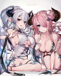  2girls adjusting_clothes adjusting_swimsuit bare_shoulders bikini blue_eyes breasts cleavage clothing_cutout collarbone commentary_request cross-laced_clothes double_bun draph granblue_fantasy grey_hair hair_between_eyes hair_bun hair_ornament hair_over_one_eye hairclip hand_on_own_chest highres hip_focus horns izmir izmir_(summer)_(granblue_fantasy) kneeling large_breasts leaning_forward legs long_hair looking_at_viewer mole mole_under_mouth multiple_girls narmaya_(granblue_fantasy) narmaya_(summer)_(granblue_fantasy) official_alternate_costume one-piece_swimsuit open_mouth pink_hair pointy_ears ponytail red_eyes sandals sash sideboob sidelocks sitting smile swimsuit thigh_strap thighs underboob underboob_cutout very_long_hair wariza watao white_bikini white_one-piece_swimsuit 