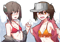  2girls :d bad_id bad_pixiv_id bikini blush breasts brown_hair highres jacket kantai_collection looking_at_viewer multiple_girls navel off_shoulder open_mouth orange_background red_bikini ryuujou_(kancolle) shikigami small_breasts smile swimsuit taihou_(kancolle) twintails visor_cap wulazula yellow_eyes 