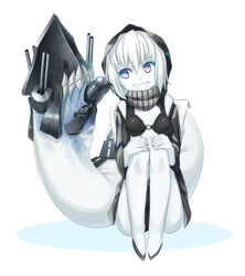  abyssal_ship backpack bag bikini black_bikini cannon commentary_request female grin highres hood kantai_collection long_sleeves o-ring o-ring_top pale_skin purple_eyes re-class_battleship sakais3211 scarf short_hair sitting smile solo swimsuit tail teeth turret weapon white_background white_hair 