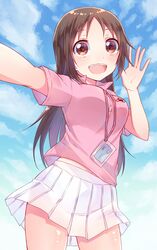  brown_eyes brown_hair commentary_request female id_card kanzaki_miki lanyard long_hair miso_(mimimiso) open_mouth pink_shirt pleated_skirt polo_shirt see-through shirt skirt solo white_skirt yowamushi_pedal 