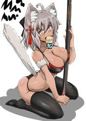  absurdres animal_ears arched_back ass bare_shoulders black_bra black_panties black_thighhighs bra breasts calligraphy_brush_(medium) cat_ears cat_tail chibi cleavage commentary dark-skinned_female dark_skin fate/grand_order fate_(series) female grey_eyes grey_hair hair_ornament highres kemonomimi_mode kneeling looking_at_viewer mouth_hold okita_souji_(fate) okita_souji_(koha-ace) okita_souji_alter_(fate) okita_souji_alter_(first_ascension)_(fate) panties sheath simple_background solo tail tail_raised tassel thighhighs underwear underwear_only virusotaku white_background 