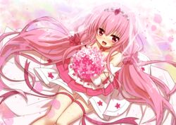  bare_legs bare_shoulders blush bouquet bride commentary_request dress elbow_gloves female floral_print flower flower_knight_girl gloves hair_between_eyes hair_ornament hair_ribbon hanamomo_(flower_knight_girl) long_hair looking_at_viewer mizunashi_(second_run) pink_eyes pink_hair ribbon sitting solo twintails veil very_long_hair wedding_dress white_dress 