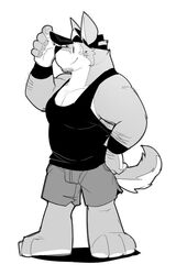  anthro baker_(kokuhane) biceps canid canine canis clothed clothing domestic_dog kokukokuboo male mammal monochrome muscular muscular_anthro muscular_male shirt smile solo tank_top topwear wristband 