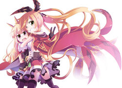  2girls back_cutout blonde_hair bow brown_hair cagliostro_(granblue_fantasy) clarisse_(granblue_fantasy) cloak clothing_cutout commentary_request cork corset cover cover_page frilled_skirt frills granblue_fantasy green_eyes grin hairbow hands_on_another&#039;s_waist hood hooded_cloak hug kazekawa_nagi long_hair multiple_girls one_eye_closed ponytail purple_eyes red_cloak simple_background skirt smile speech_bubble test_tube tiara v very_long_hair white_background 