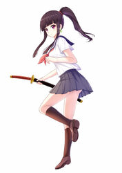  black_hair black_legwear blue_skirt blush female female itachi_kanade long_hair looking_at_viewer original ponytail purple_eyes school_uniform serafuku short_sleeves skirt solo sword weapon white_background 