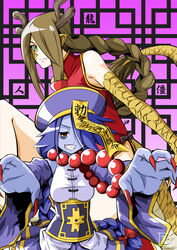  2girls antlers beads blue_hair blue_skin braid breasts brown_hair china_dress chinese_clothes claws colored_skin commentary_request detached_sleeves dragon_girl dragon_horns dragon_tail dress fingernails green_eyes grin hair_over_one_eye hat horns jiangshi long_hair medium_breasts monster_girl monster_musume_no_iru_nichijou multiple_girls nail_polish ofuda photoshop_(medium) pointy_ears prayer_beads red_eyes red_nails ryuu-jin_(monster_musume) s-now scales sharp_fingernails shiishii side_slit signature single_braid slit_pupils smile tail very_long_hair 