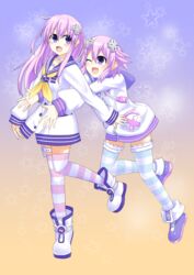  2girls absurdres blush commentary_request d-pad d-pad_hair_ornament dorumam hair_ornament highres long_hair multiple_girls nepgear neptune_(neptunia) neptune_(series) one_eye_closed open_mouth purple_eyes purple_hair smile striped_clothes striped_thighhighs thighhighs 