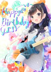  :d black_hair blush cable clothing_cutout commentary_request dress electric_guitar female floral_background frilled_sleeves frills guitar half_updo happy_birthday heart highres instrument koh_(user_kpcu7748) kohara_riko long_hair looking_at_viewer musical_note open_mouth plectrum print_dress real_life shoulder_cutout side_slit smile solo strandberg_guitars voice_actor 