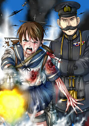  aircraft airplane bad_id bad_pixiv_id blood brown_hair commentary_request facial_hair female firing handlebar_mustache himeshima_koukichi injury kantai_collection masatomi_kimura military military_uniform moustache naval_uniform open_mouth pleated_skirt protecting school_uniform serafuku shirayuki_(kantai_collection) short_hair short_sleeves skirt smoke sweat tears twintails uniform 