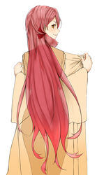  &gt;:) akashi_(kancolle) ass commentary_request female from_behind grin hair_ribbon highres kantai_collection long_hair looking_back nanao_(aoyamahikari) pink_hair red_ribbon ribbon see-through_silhouette simple_background smile solo thigh_gap tress_ribbon v-shaped_eyebrows very_long_hair white_background yellow_eyes 