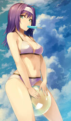  ball beachball bikini blue_sky breasts cleavage cloud cloudy_sky commentary_request day female fire_emblem fire_emblem:_path_of_radiance fire_emblem_heroes food food_in_mouth green_eyes hairband highres looking_at_viewer medium_breasts medium_hair mia_(fire_emblem) navel outdoors popsicle purple_hair sajittari sky solo swimsuit white_hairband 