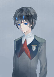  1boy absurdres bad_id bad_pixiv_id black_hair blue_eyes blue_horns chu_dengdeng commentary_request darling_in_the_franxx highres hiro_(darling_in_the_franxx) horns long_sleeves male_focus military military_uniform necktie oni_horns photoshop_(medium) red_necktie solo uniform 