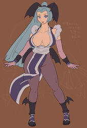  blue_eyes breasts cosplay elbow_gloves fatal_fury female gloves green_hair head_wings large_breasts loose_socks lowres morrigan_aensland ninja pantyhose pelvic_curtain rope sashizume_soutarou shimenawa shiranui_mai shiranui_mai_(cosplay) sideboob socks socks_over_pantyhose solo standing the_king_of_fighters translation_request vampire_(game) wings 