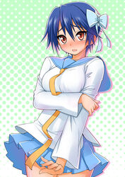  :o blue_hair blush bonyari_high_school_uniform bow breast_hold breasts commentary_request cowboy_shot embarrassed female full-face_blush hair_between_eyes hairbow halftone halftone_background holding_own_arm long_sleeves looking_at_viewer medium_breasts miniskirt necktie nisekoi open_mouth photoshop_(medium) pleated_skirt qnakamura raised_eyebrows red_eyes school_uniform serafuku shadow shirt short_hair skirt solo standing tears tie_clip tsugumi_seishirou 