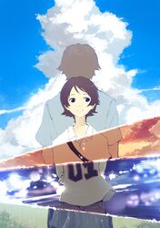  1boy arms_at_sides arms_behind_back back-to-back bag blue_sky brown_eyes brown_hair closed_mouth clothes_writing cloud cloudy_sky collared_shirt commentary_request day day_and_night dusk female height_difference highres holding_own_arm konno_makoto looking_away looking_to_the_side mamiya_chiaki minamito rain revealing_layer school_uniform shirt short_hair short_sleeves sideways_glance skirt sky smile t-shirt toki_wo_kakeru_shoujo twilight white_shirt 