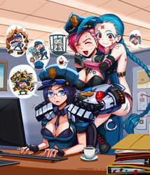  1boy 5girls :3 ahoge artist_name bandages bare_shoulders bespectacled between_breasts blue_eyes blue_hair braid breast_tattoo breasts caitlyn_(league_of_legends) chan_qi_(fireworkhouse) cleavage closed_eyes commentary computer cuffs cupcake dated english_commentary food gauntlets glasses handcuffs highres huge_ahoge jinx_(league_of_legends) large_breasts league_of_legends leblanc_(league_of_legends) lee_sin long_hair multiple_girls necktie necktie_between_breasts officer_caitlyn officer_vi pink_hair police police_uniform policewoman poppy_(league_of_legends) red_eyes shoulder_massage smile tattoo uniform very_long_hair vi_(league_of_legends) yordle 