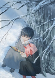  1boy absurdres aged_down bad_id bad_pixiv_id black_cloak black_footwear black_hair book chu_dengdeng cloak closed_eyes coat colored_skin commentary_request couple darling_in_the_franxx female fur_trim grey_coat highres hiro_(darling_in_the_franxx) holding holding_book hood hooded_cloak horns long_coat long_hair oni_horns open_book parka photoshop_(medium) pink_hair red_horns red_skin shoes sitting snow straight the_beast_and_the_prince tree winter_clothes winter_coat zero_two_(darling_in_the_franxx) 