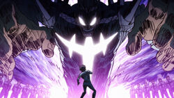  gamagoori_ira glowing glowing_eyes kill_la_kill multiple_boys open_mouth screencap size_difference suzuki_(kill_la_kill) 