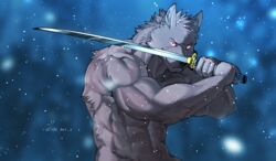  2015 abs absurd_res anthro biceps big_muscles canid canine canis canyne_khai fighting_pose half-length_portrait hi_res japanese_sword katana male mammal melee_weapon muscular muscular_anthro muscular_male nude pecs portrait pose red_eyes solo sword weapon wolf 