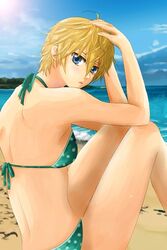  ahoge back beach bikini blonde_hair blue_eyes commentary_request day female hands_on_own_head leo_kliesen polka_dot polka_dot_bikini polka_dot_swimsuit popon_ta short_hair swimsuit tekken 