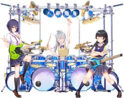  3girls :d absurdres arms_up bad_id bad_pixiv_id band bass_drum bass_guitar black_footwear black_hair black_legwear blue_legwear blue_skirt blue_vest blush bow bowtie braid brown_footwear closed_eyes crossed_arms cymbals dingwall_guitars dream_theater drum drum_set drumsticks electric_guitar facing_viewer full_body grey_hair guitar guitaro_(yabasaki_taro) hair_ornament hairbow hairclip headless_guitar highres higuchi_kaede higuchi_kaede_(3rd_costume) instrument jk_gumi_(nijisanji) kneehighs loafers long_hair looking_at_viewer mike_mangini mole mole_under_eye multiple_girls necktie nijisanji oerba_yun_fang open_mouth pearl_drums plaid plaid_skirt ponytail pose purple_bow school_uniform shirt shizuka_rin shizuka_rin_(3rd_costume) shoes short_hair short_sleeves simple_background skervesen_guitars skirt smile socks standing standing_on_one_leg striped_bow striped_bowtie striped_clothes striped_necktie sweater_vest tambourine tsukino_mito tsukino_mito_(3rd_costume) twin_braids twintails vest virtual_youtuber white_background white_bow white_shirt yellow_eyes yellow_vest 