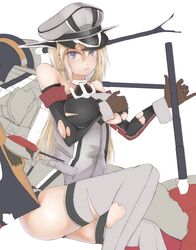  anchor armband bad_id bad_pixiv_id bare_shoulders bismarck_(kancolle) bismarck_kai_(kancolle) blonde_hair blue_eyes blush boots cannon female grey_footwear grey_thighhighs hat highres kantai_collection long_hair military military_hat military_uniform nametake_(nekoyasya12172) solo thighhighs torn_clothes turret uniform very_long_hair weapon 