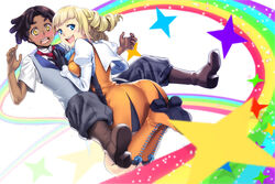  1boy :d ascot ass black_hair blonde_hair blue_eyes blush blush_stickers boots commentary_request dark_skin dreadlocks dress drill_hair female fujimon gloves gundam gundam_build_fighters juliet_sleeves long_hair long_sleeves necktie nils_nielsen open_mouth photoshop_(medium) puffy_sleeves rainbow smile star_(symbol) vest yajima_caroline yellow_eyes 