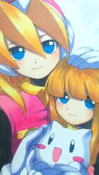  2girls alouette_(mega_man) animal bad_id bad_pixiv_id ballpoint_pen_(medium) blonde_hair blue_eyes blunt_bangs blush blush_stickers ciel_(mega_man) closed_mouth commentary_request feline gloves hair_between_eyes hand_on_another&#039;s_head headgear holding holding_animal holding_cat lolicon long_hair looking_at_viewer marker_(medium) mega_man_(series) mega_man_zero_(series) multiple_girls smile tokigi_akira traditional_media white_gloves 