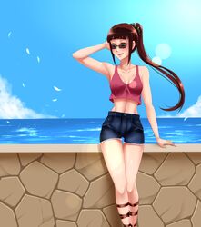  armpits blunt_bangs brown_hair day female highres jewelry lens_flare midriff miyamoto_ruri nisekoi ocean open_mouth ornate_ring outdoors ponytail ring scrunchie short_shorts shorts sky smile solo sunglasses twrlare wedding_ring 