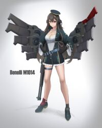  absurdres armor bad_id bad_pixiv_id bare_legs benelli_m4 black_hair breasts buttons character_name cleavage clenched_hands closed_mouth coat commentary criss-cross_halter female frown full_body girls&#039;_frontline gradient_background gun hair_between_eyes hair_ornament halterneck hands_on_own_hips headphones heterochromia highres italian_flag italian_text kasasasagi large_breasts long_hair m1014_(girls&#039;_frontline) machinery partially_unbuttoned red_eyes shield shield_module shoes shotgun shotgun_shell sidelocks solo standing thigh_strap thighs weapon wide_sleeves x_hair_ornament yellow_eyes 