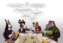  anthro argument autobot_insignia beverage black_hair blonde_hair blue_hair bold_text book bovid breasts brown_hair caprine character_miniature chips_(food) clothing common_hippopotamus conjoined_speech_bubble d6 dialogue dice dungeons_and_dragons ear_piercing english_text eyewear felid female figurine food game_piece gaming glasses goat group hair hasbro hippopotamid holding_object horn level_number linked_speech_bubble lion male mammal markhor miniature miniature_model multicolored_hair name_drop name_in_dialogue number omg pac pantherine pencil_(object) piercing potato_chips print_clothing print_shirt print_t-shirt print_topwear repeated_dialogue repeated_text role-playing_game shirt soda speech_bubble t-shirt tabletop_game text text_on_clothing text_on_shirt text_on_t-shirt text_on_topwear text_print topwear two_tone_hair unimpressed wizards_of_the_coast writing_utensil 