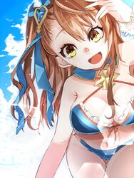  beatrix_(granblue_fantasy) breasts brown_eyes brown_hair cleavage commentary_request female granblue_fantasy large_breasts long_hair looking_at_viewer navel open_mouth ponytail smile solo swimsuit tsumugi_touto 