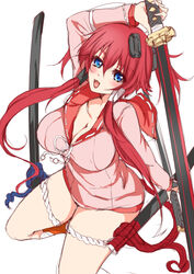  blue_eyes breasts cleavage commentary_request female hyakka_ryouran_samurai_girls katana large_breasts long_hair minamon_(vittel221) oerba_yun_fang open_mouth red_hair simple_background smile solo sword very_long_hair weapon white_background yagyuu_juubei_(hyakka_ryouran) 