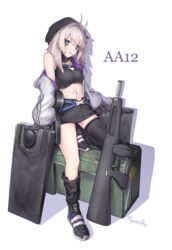  aa-12 aa-12_(girls&#039;_frontline) ahoge asymmetrical_legwear bags_under_eyes beret black_footwear black_gloves black_hat black_legwear black_shirt black_skirt blue_eyes blush breasts brown_hair buckle character_name closed_mouth collarbone commentary_request crop_top female girls&#039;_frontline gloves grey_jacket gun hair_between_eyes hat head_tilt highres jacket ky_(ky990533) long_hair long_sleeves looking_at_viewer loose_socks medium_breasts mouth_hold name_connection navel object_namesake off_shoulder open_clothes open_jacket puffy_long_sleeves puffy_sleeves ribbed_shirt shadow shield shield_module shirt shoes shotgun signature single_thighhigh skirt snap-fit_buckle socks solo thighhighs uneven_legwear weapon white_background 