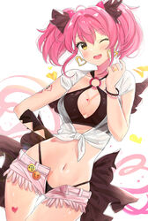  ;d bikini bikini_under_clothes black_bikini blush bracelet breasts cleavage cleavage_cutout clothing_cutout collarbone commentary_request cowboy_shot dutch_angle earrings female fringe_trim front-tie_top head_tilt heart heart_earrings highleg highleg_bikini highres idolmaster idolmaster_cinderella_girls jewelry jougasaki_mika looking_at_viewer medium_breasts nail_polish navel o-ring o-ring_top one_eye_closed open_clothes open_fly open_mouth open_shorts pink_hair pink_nails pink_shorts ring see-through shirt short_shorts shorts smile solo spiked_bracelet spikes swimsuit tied_shirt twintails wenquangua yellow_eyes 